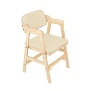 Chaise évolutive en bois de pin avec assise et dossier beige, vue de trois quarts