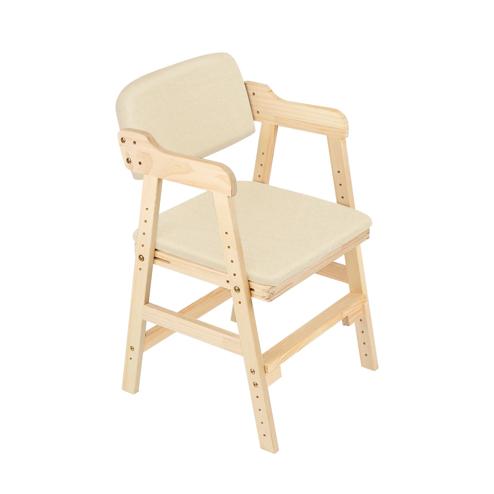 Chaise évolutive en bois de pin avec assise et dossier beige, vue de trois quarts