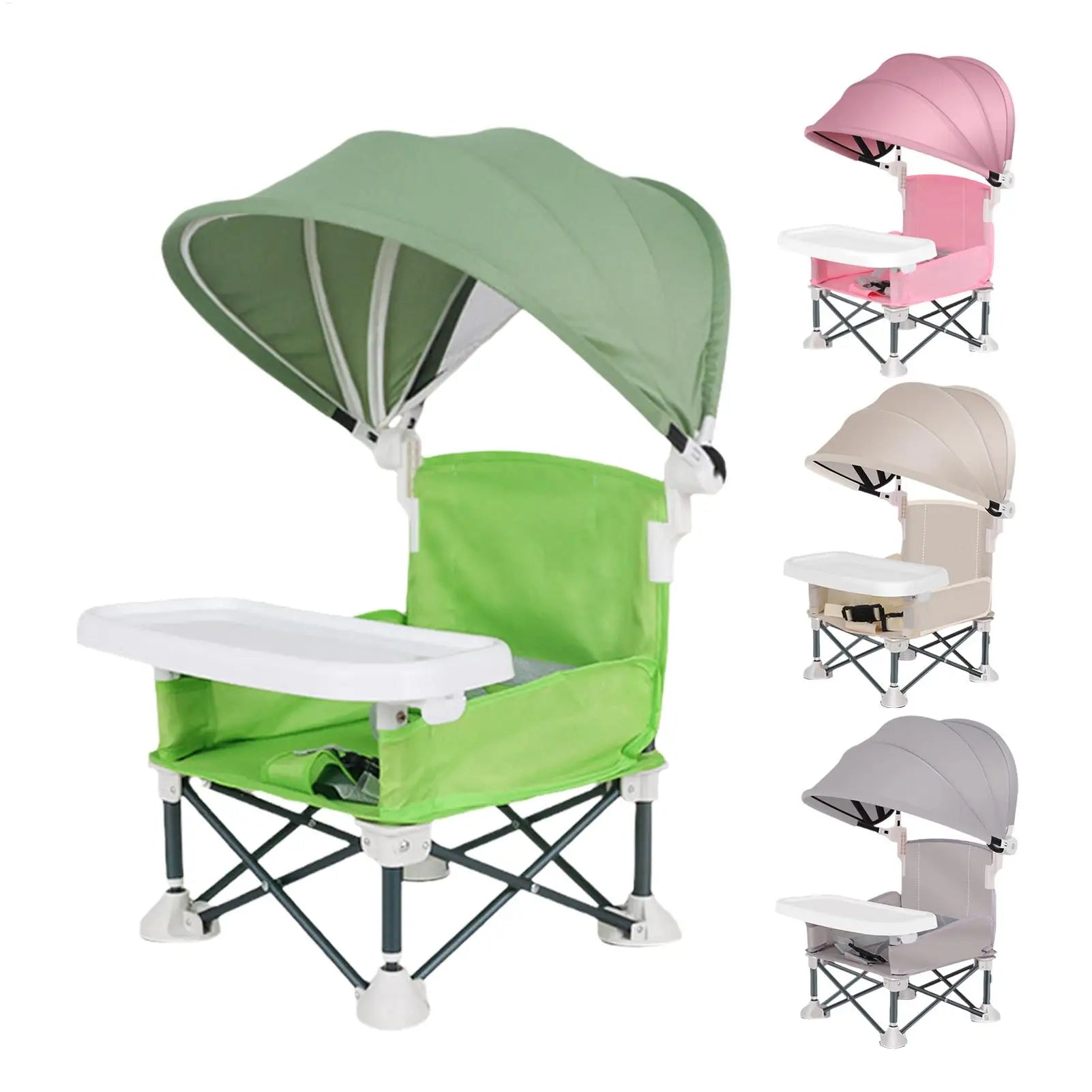 Chaise haute pliable verte avec pare-soleil déployé, et ses déclinaisons rose, beige et grise
