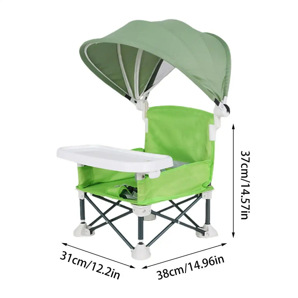 Dimensions de la chaise haute pliable verte : 38 cm de large, 31 cm de profondeur, 37 cm de haut