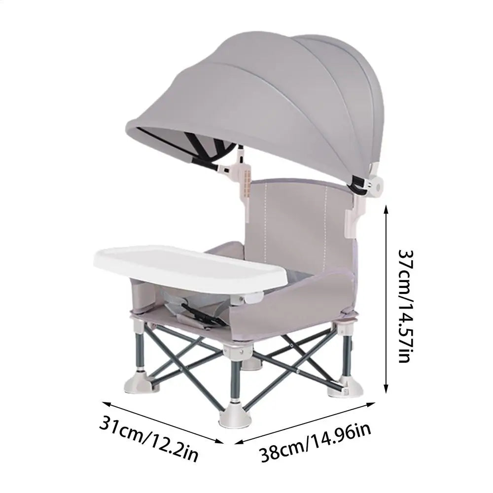 Dimensions de la chaise haute pliable grise : 38 cm de large, 31 cm de profondeur, 37 cm de haut