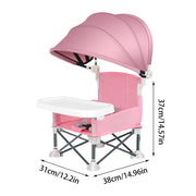 Dimensions de la chaise haute pliable rose : 38 cm de large, 31 cm de profondeur, 37 cm de haut