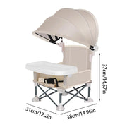 Chaise haute pliable beige cotée : 38 cm de large, 31 cm de profondeur, 37 cm de haut