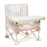 Rehausseur de chaise bébé 3 en 1 à rayures beige et blanc, plateau amovible et piètement pliant