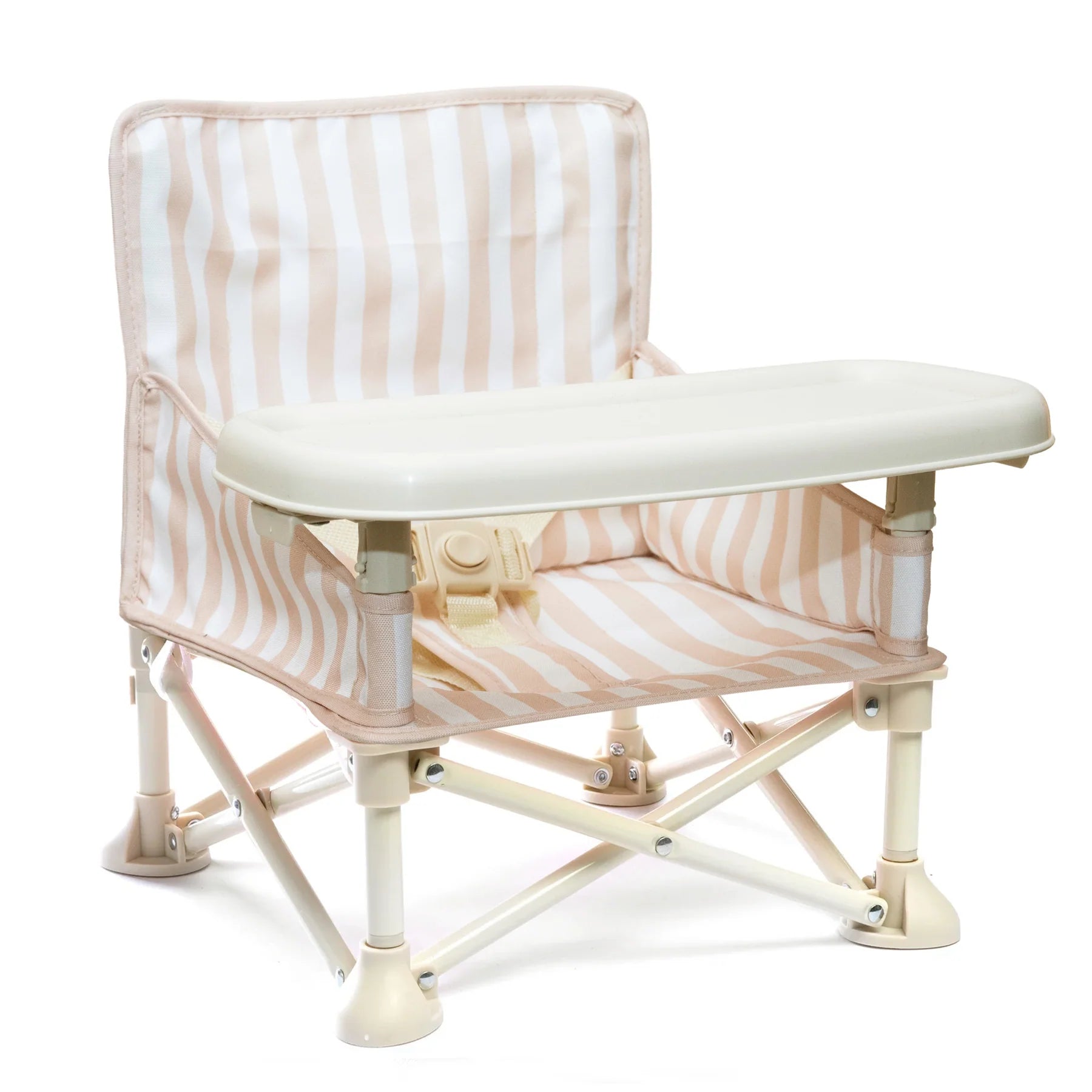 Rehausseur de chaise bébé 3 en 1 à rayures beige et blanc, plateau amovible et piètement pliant