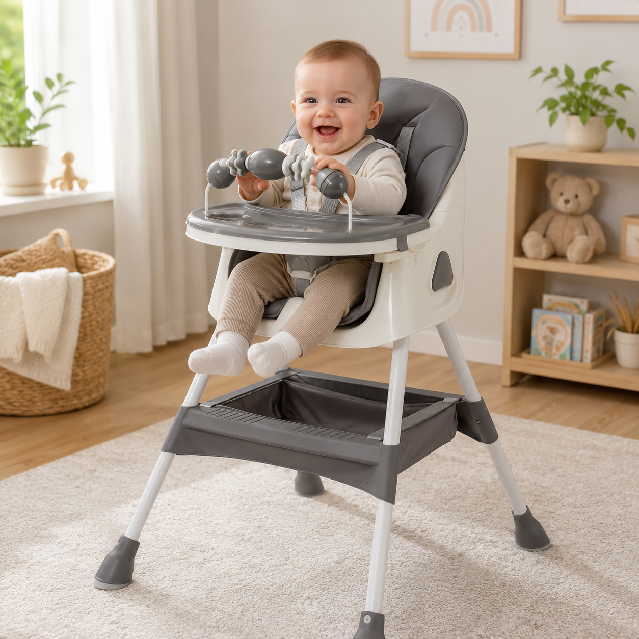 Un bébé qui joue avec des jouets sur une chaise haute pour bébé évolutif et confortable