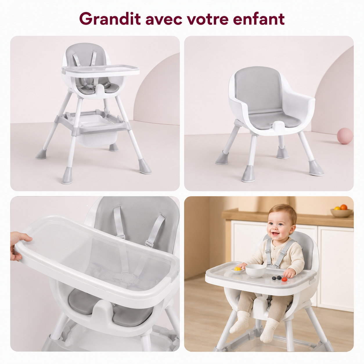 Quatre usages de la chaise : chaise haute, chaise enfant, plateau retiré et bébé attablé