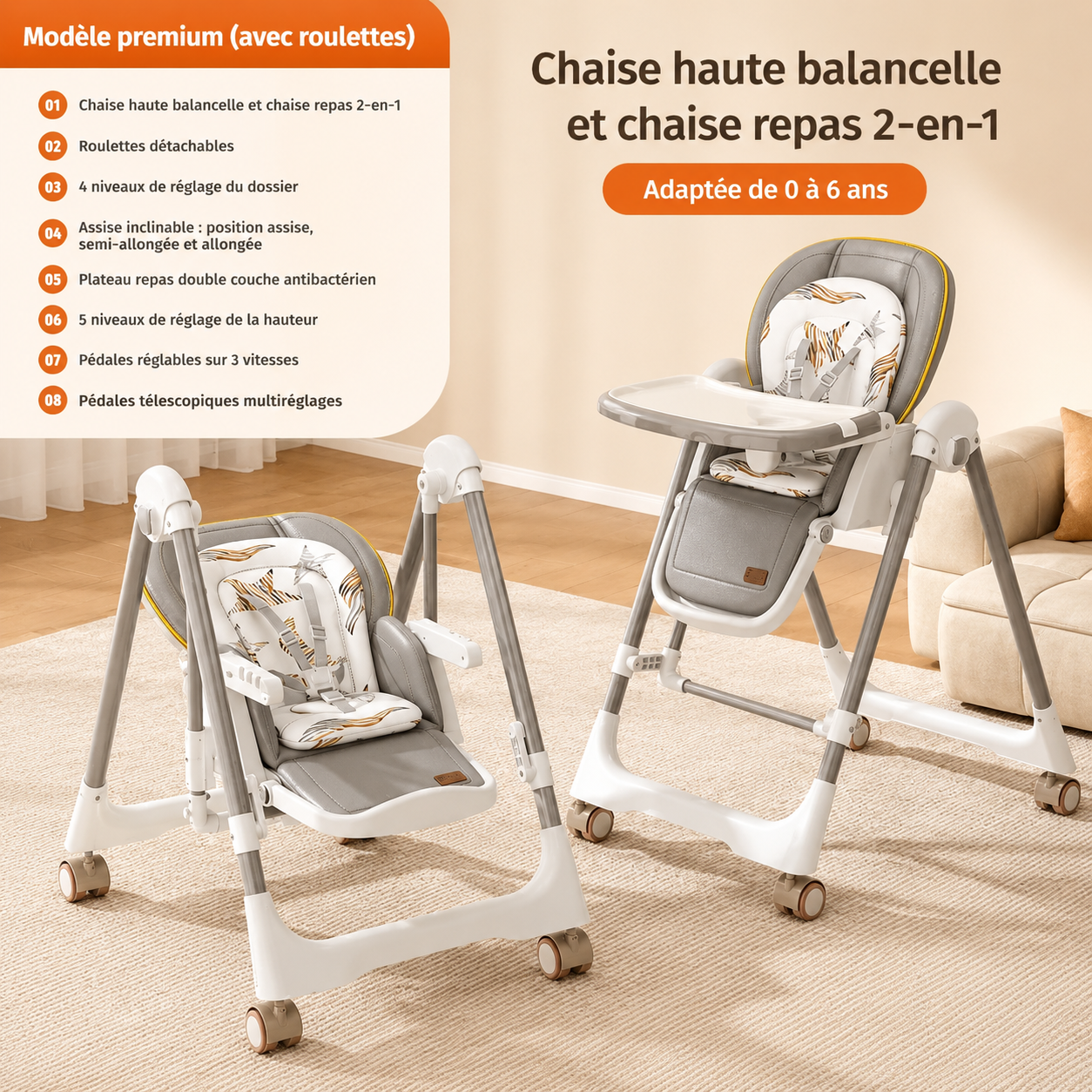 Les deux positions de la chaise : balancelle inclinée et chaise repas surélevée avec plateau