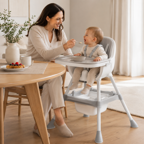 Une mère donne la cuillère à son bébé installé dans la chaise haute 2 en 1, à hauteur de table