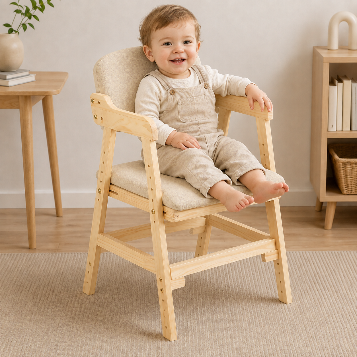 Enfant installé dans une chaise haute bébé pliable avec maintien sécurisant