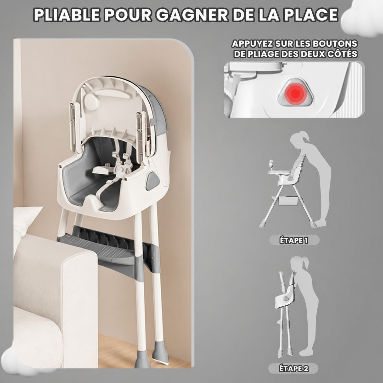Chaise haute bébé pliable et pratique, repliée pour un rangement facile