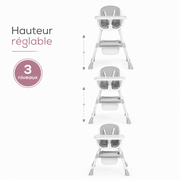 La chaise haute présentée à ses trois hauteurs de réglage