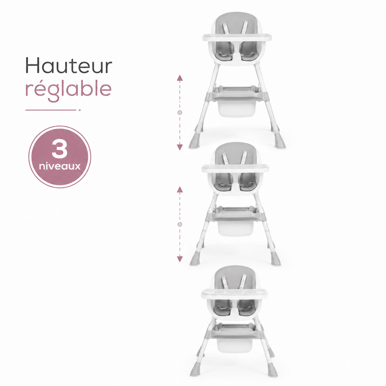 La chaise haute présentée à ses trois hauteurs de réglage