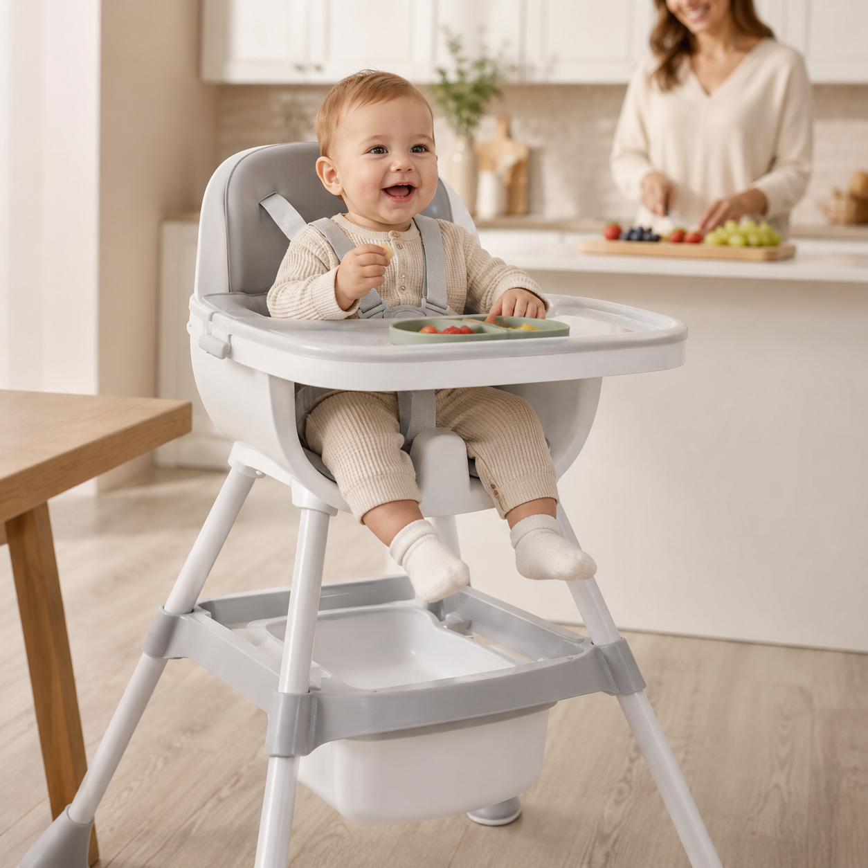 Bébé attablé dans la chaise haute avec son assiette, dans une cuisine