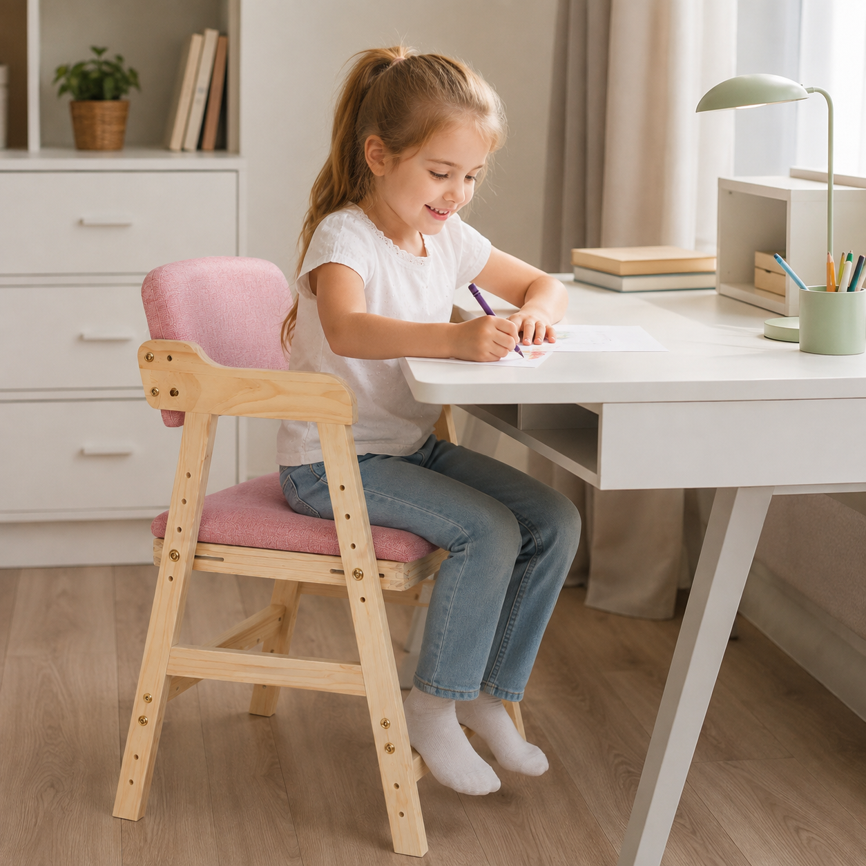 Vue de profil d’une chaise haute bébé stable et solide installée à table