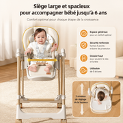 Bébé installé en position balancelle, avec le détail du harnais 5 points et du dossier haut