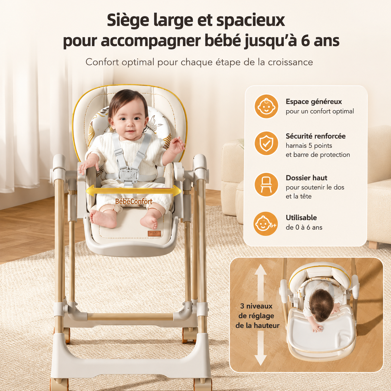 Bébé installé en position balancelle, avec le détail du harnais 5 points et du dossier haut