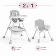 Les deux configurations de la chaise 2 en 1 : chaise haute avec plateau et petite chaise enfant