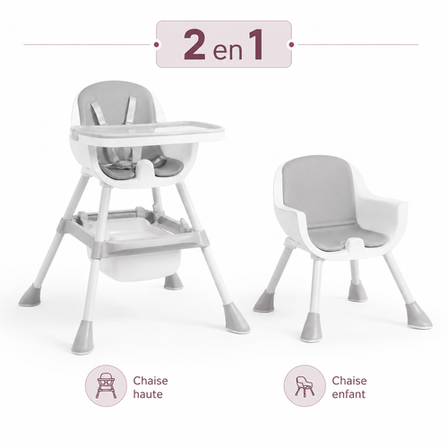 Les deux configurations de la chaise 2 en 1 : chaise haute avec plateau et petite chaise enfant