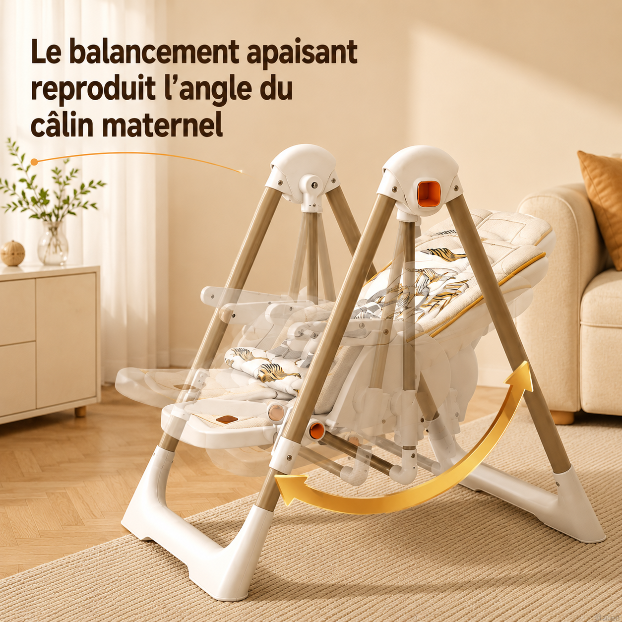 Chaise haute évolutive pour bébé Bebinova avec balancement apaisant, présentée en plusieurs positions dans un intérieur beige