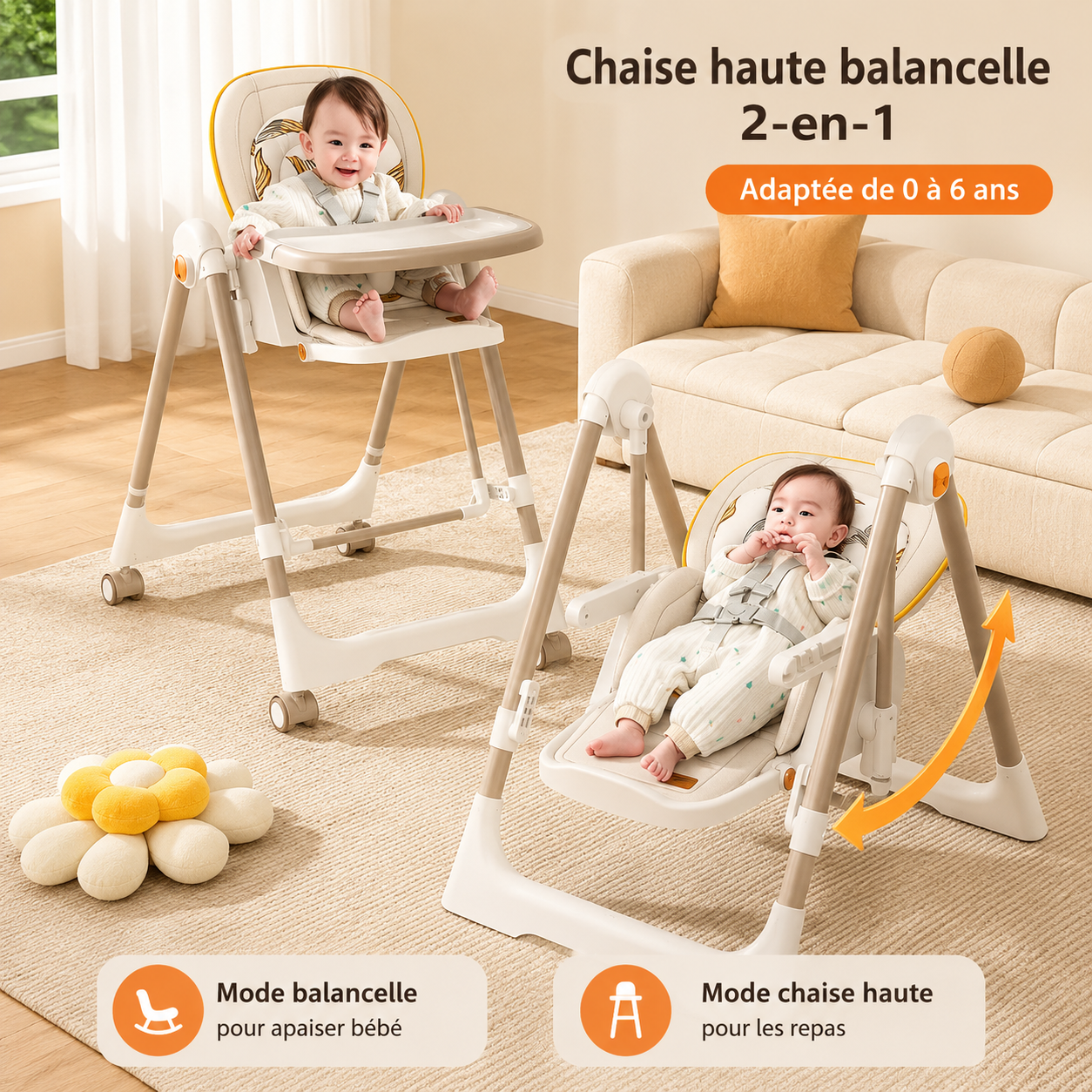 Chaise haute multifonction bébé avec mode balancelle et plusieurs positions d’inclinaison